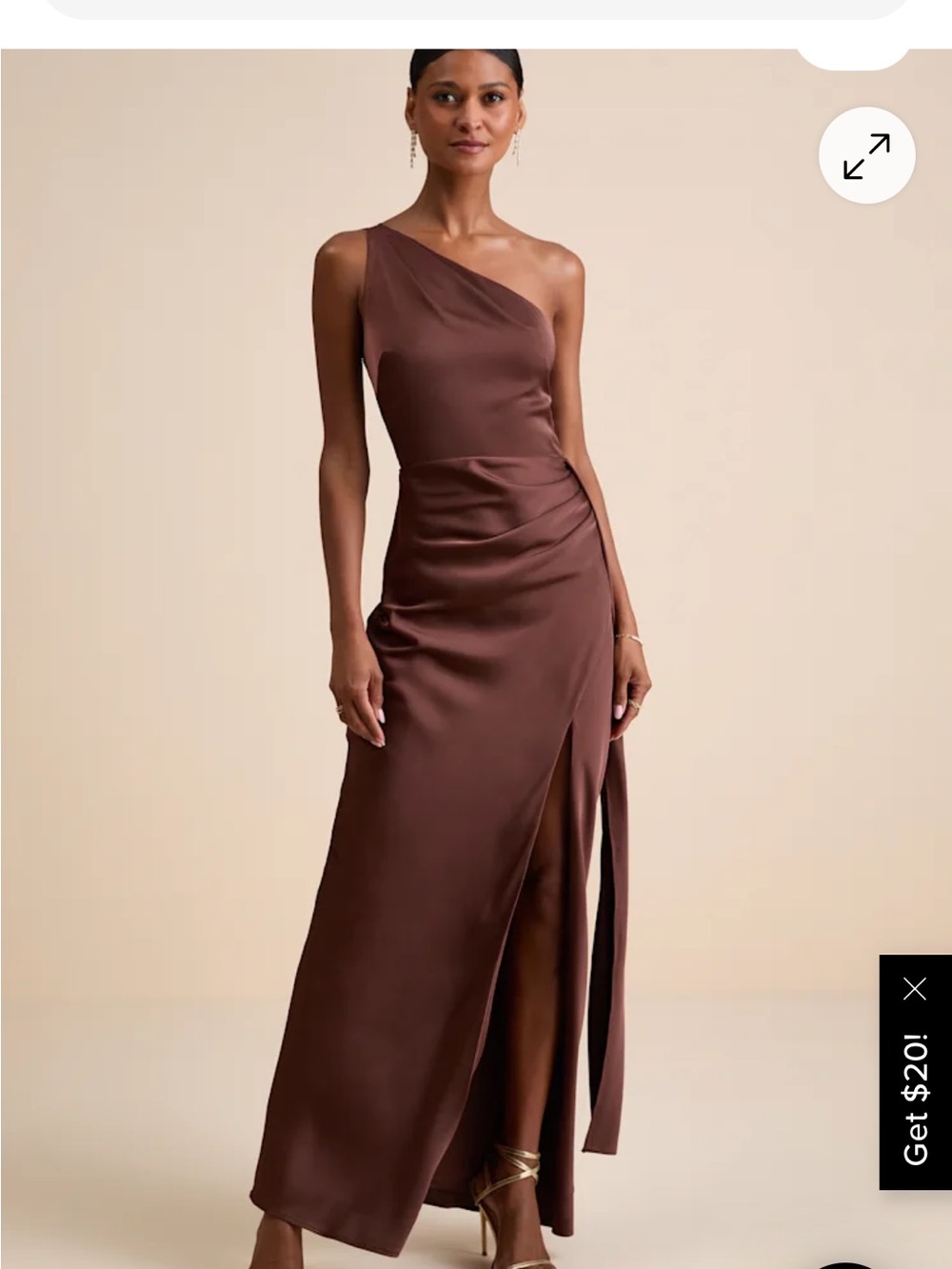 Lulu's One-Shoulder Satin Maxi Dress in Chocolate Brown